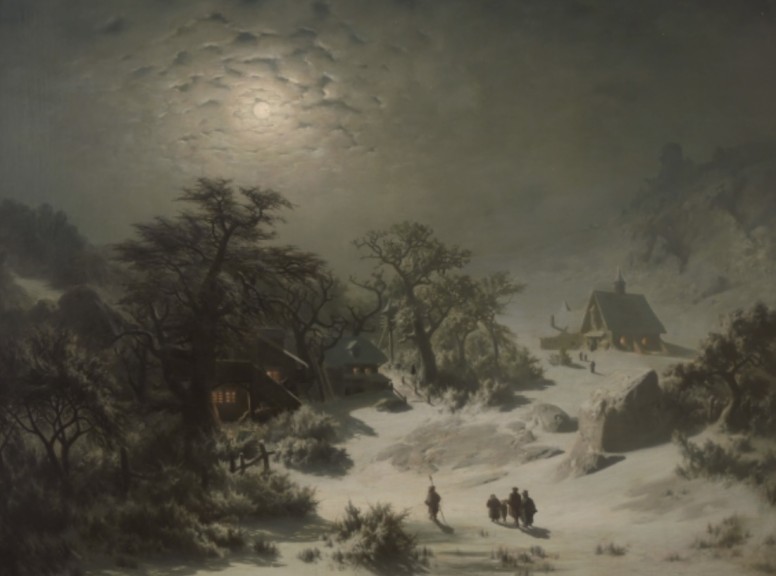 Adolf Kosárek „Winternacht“ (Öl auf Leinwand, 1857, 126,5 cm x 146,5 cm, Nationalgalerie Prag)