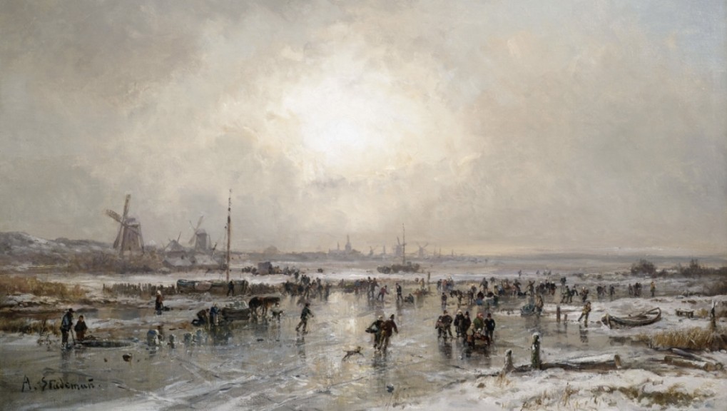 Adolf Stademann „Winterliches Eisvergnügen“ (Öl auf Leinwand, 66 cm x 110 cm)