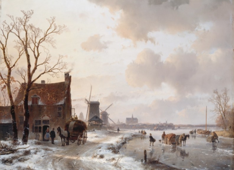 Andreas Schelfhout „Winterlandschaft mit Pferden auf dem Eis“ (Öl auf Leinwand, 1844, 47 cm x 63 cm, Kunstmuseum Den Haag)