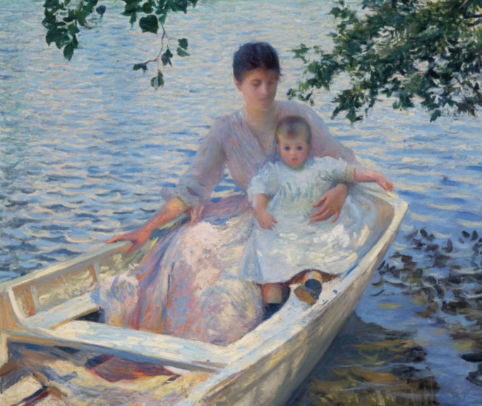 Edmund C. Tarbell „Mutter und Kind in einem Boot“ (Öl auf Leinwand, 1892, 76,5 cm x 88,9 cm, Boston Museum of Fine Arts)