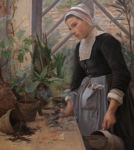 Anna Petersen „Bretonisches Mädchen schaut nach den Pflanzen im Treibhaus“ (Öl auf Leinwand, 1884, 121 cm x 110 cm, Statens Museum for Kunst Kopenhagen)