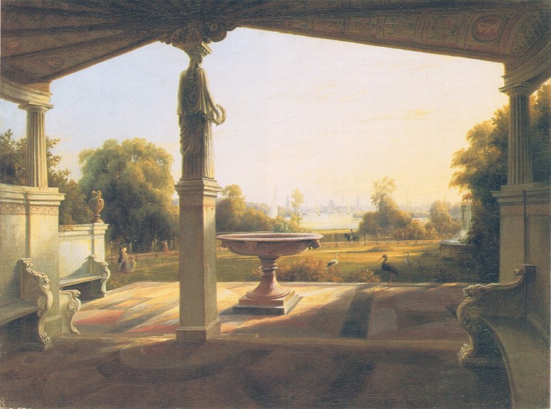 Carl Daniel Freydanck „Aussicht vom Schloß Glienicke nach Potsdam“ (Öl auf Leinwand, 1847, 26,9 cm x 36 cm, KPM-Archiv, Schloß Charlottenburg, Berlin)