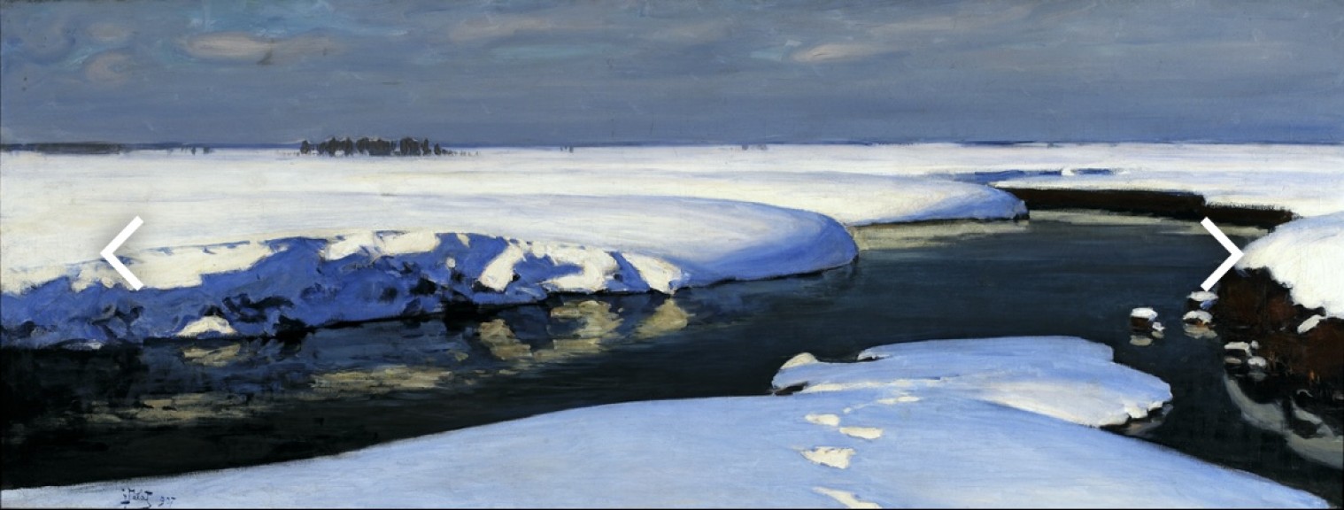 Julian Fałat „Winterlandschaft mit Fluß“ (Öl auf Leinwand, 1907, 77 cm x 200,5 cm, Nationalmuseum Warschau)