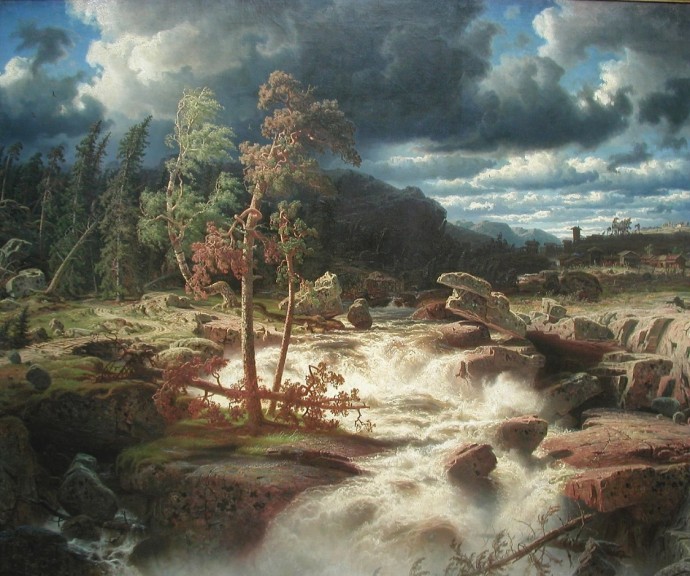 Marcus Larson „Wasserfall in Småland“ (Öl auf Leinwand, 1856, 190 cm x 230 cm, Schwedisches Nationalmuseum, Stockholm)