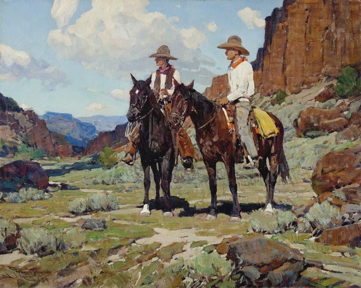Frank Tenney Johnson „Viehhirten aus Wyoming“ (Öl auf Leinwand, 1934, 61 cm x 76,2 cm)