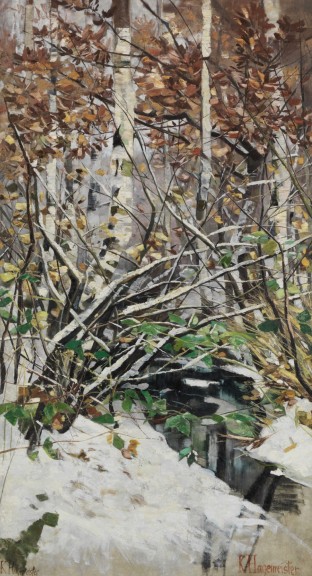 Karl Hagemeister „Verschneiter Birkenwald an einem Bachlauf“ (Öl auf Leinwand, 1891, 208 cm x 115 cm, Potsdam-Museum, Foto: Ketterer Kunst)