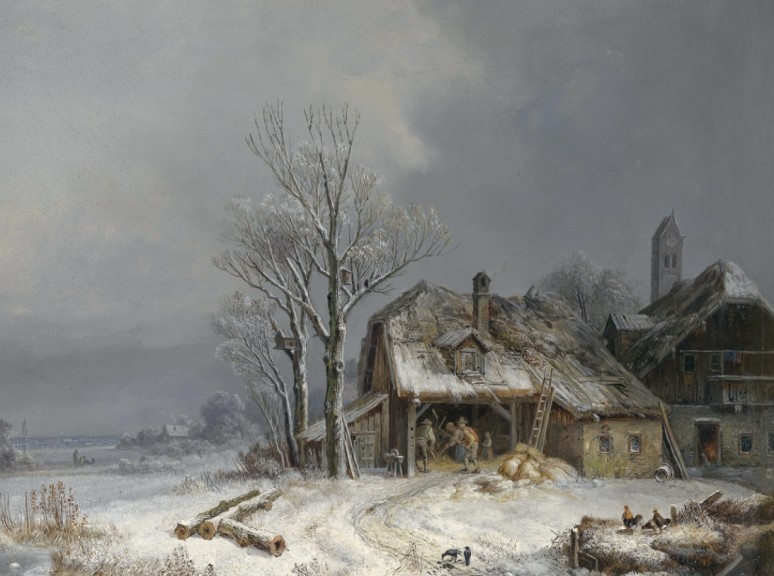 Heinrich Bürkel „Winterliches Dorf. In der Scheune wird Getreide gedroschen“ (Öl auf Karton, ca. 1865, 29 cm x 37,5 cm)