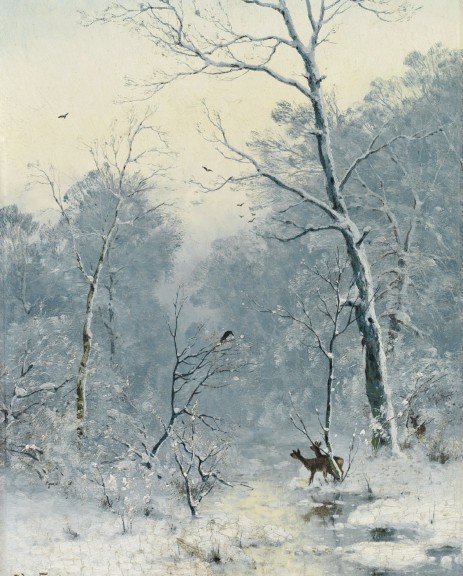 Heinrich Gogarten „Winterlandschaft mit Rehen und Raben“ (Öl auf Holz, 1893, 40,5 cm x 32 cm)