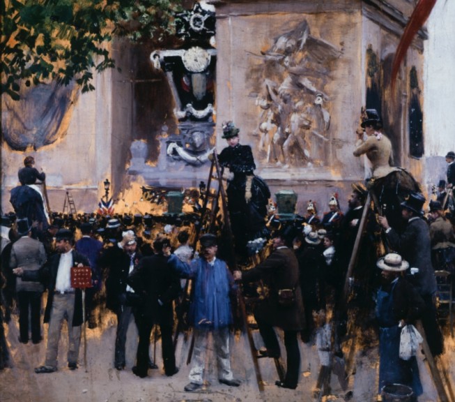 Jean Béraud „Die Beerdigung von Victor Hugo am Place de l'Étoile“ (Öl auf Leinwand, um 1885, 39 cm x 41 cm, Musée Carnavalet)