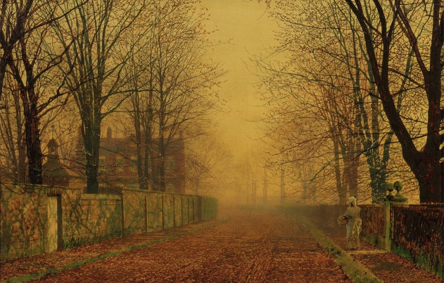 John Atkinson Grimshaw „Evening Glow“ (Öl auf Leinwand, ca. 1884, 28,6 cm x 43,2 cm, Yale Center for British Art)