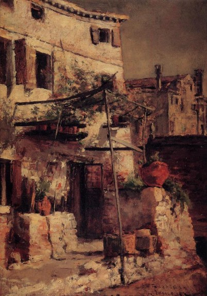 John Henry Twachtman „Haus an einem Kanal in Venedig“ (Öl auf Holztafel, 1877)