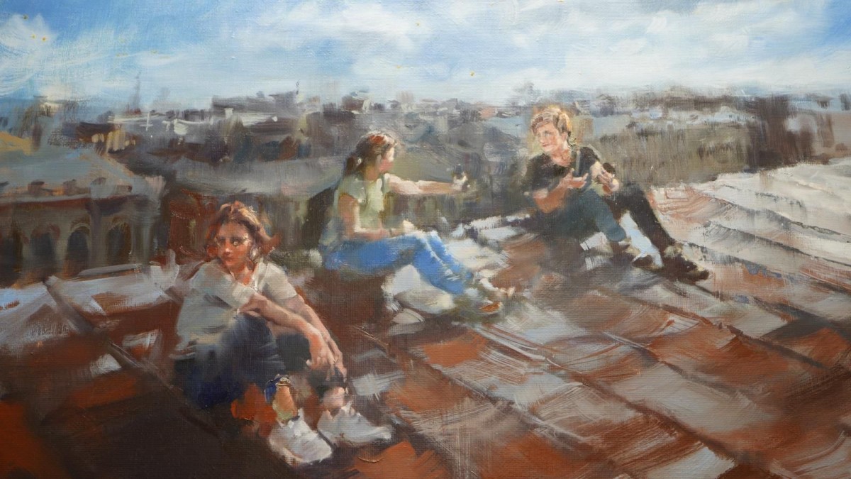 Andrej Swistunow „Drei auf dem Dach“ (Öl auf Leinwand, 2021, 50 cm x 100 cm)
