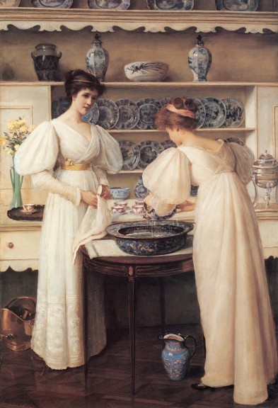 Louise Jopling „Zwei Mädchen in Weiß waschen blaues Porzellan“ (Öl auf Leinwand, 1896, 123,5 cm x 86 cm, Lady Lever Art Gallery, Port Sunlight)