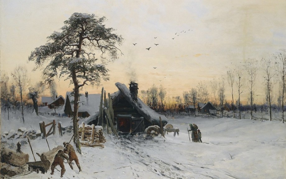 Ludvig Munthe „Winterlandschaft im Abendlicht“ (Öl auf Leinwand, 80,5 cm x 123 cm)